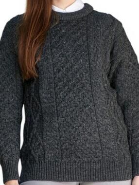Aran Crafts Ireland Women's Small Charcoal Grey 100% Wool Cable Knit Sweater Top